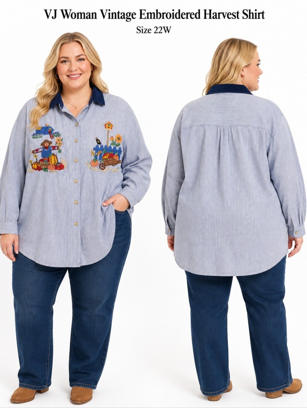 VJ Woman Vintage Embroidered Harvest Shirt Women's Plus 22W Blue Pinstripe 90s